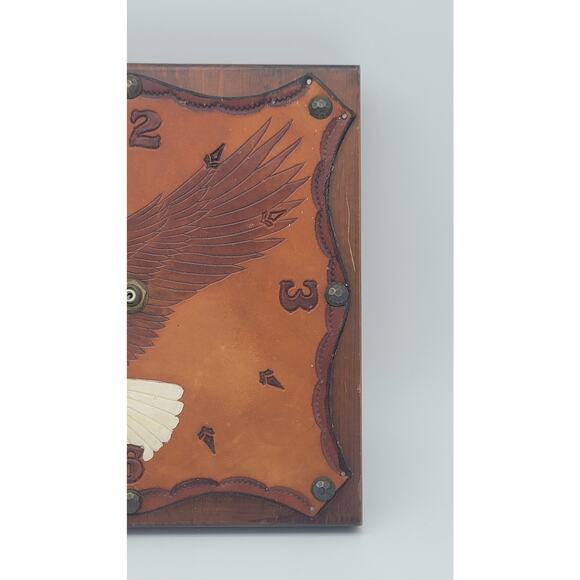 Wood and Tooled Leather Wall Clock Eagle Bird Vintage Retro Man Cave Biker brown - Picture 3 of 8